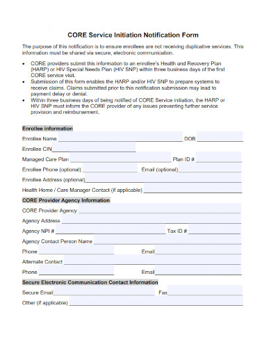 core service initiation notification form