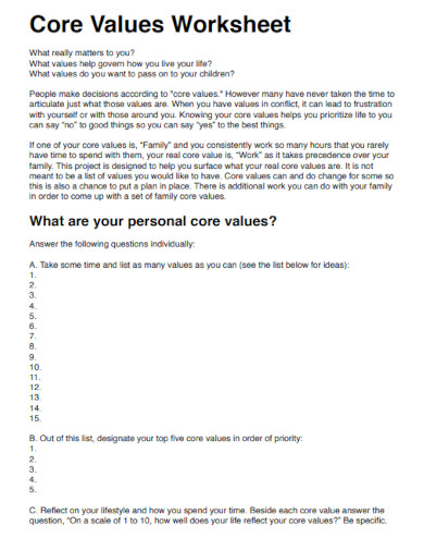 core values worksheet