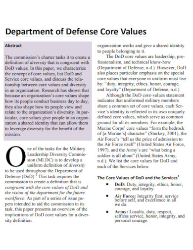 department of defense of core values