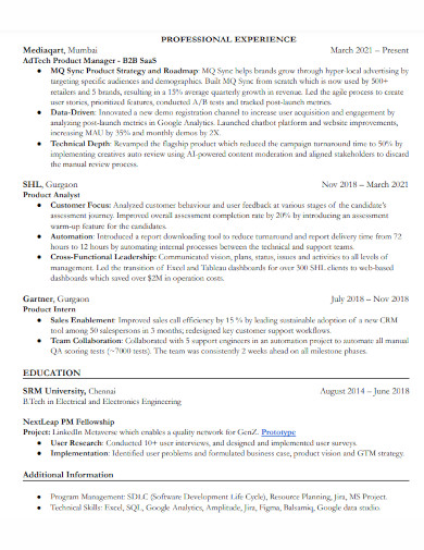 experience product managment resume 