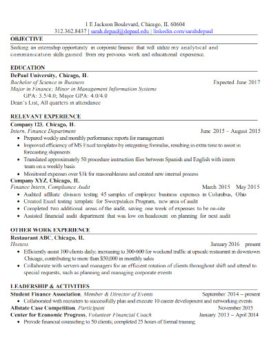 finance resume sample