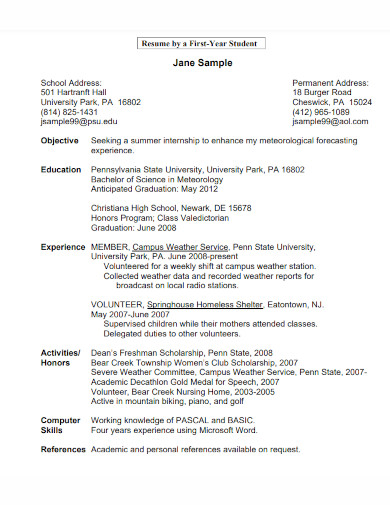 first year student experience resume 