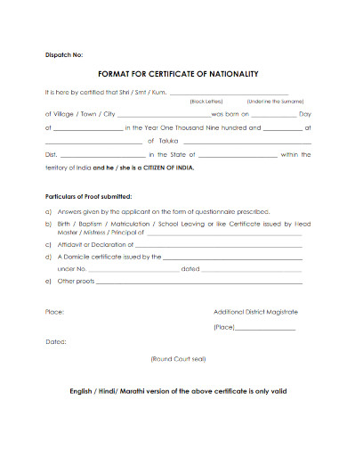format for certificate of nationality