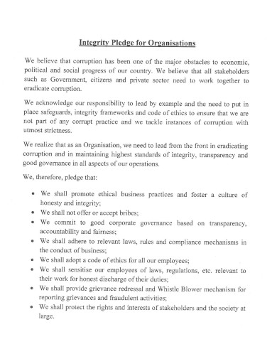 integrity pledge for organisations