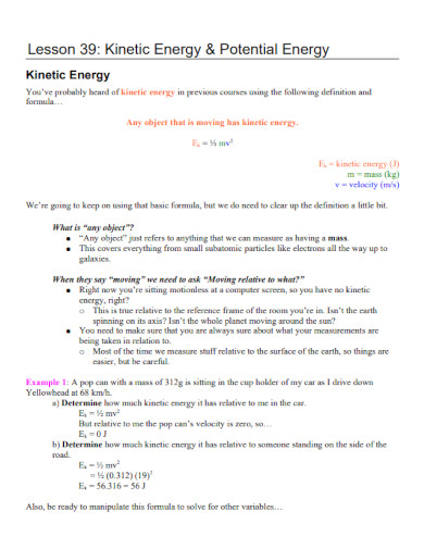 kinetic energy lesson