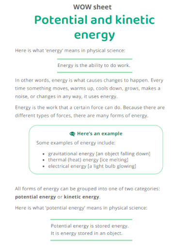 kinetic energy sheet