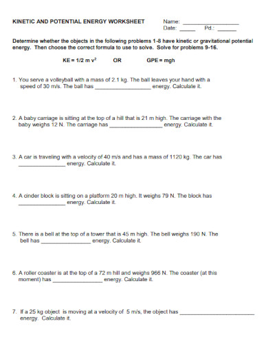 kinetic and potential energy worksheet