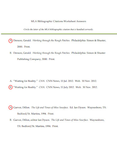 mla bibliographic citations worksheet