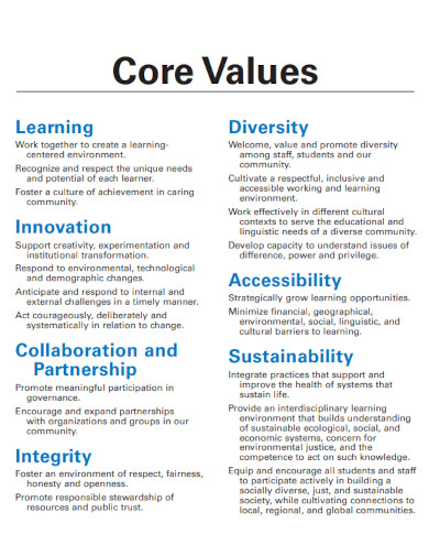 one page core values in pdf