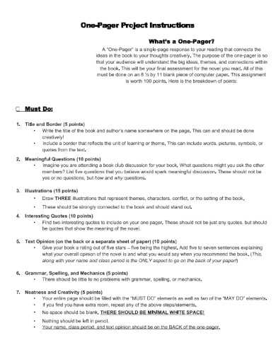 one pager project instructions
