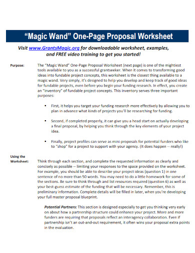 one pager proposal worksheets