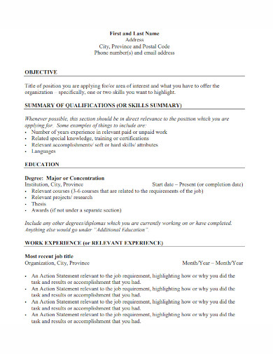 outline of information experienced resume