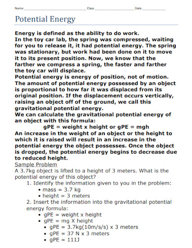 potential energy activity sheet