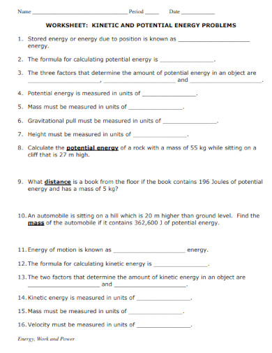 potential energy sheet in pdf