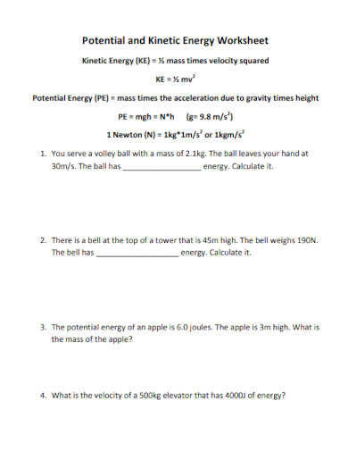 potential and kinetic energy worksheets