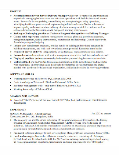 product service delivery manager resume 