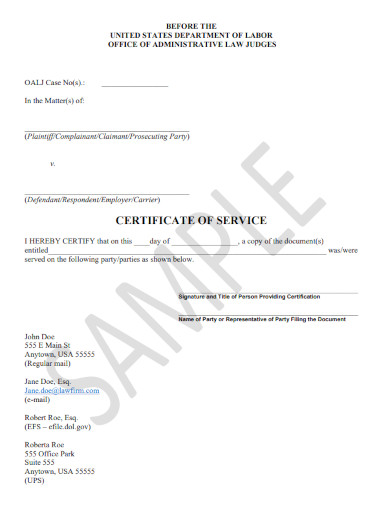 sample certificate of service