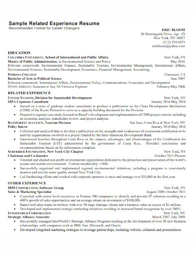 sample related experience resume