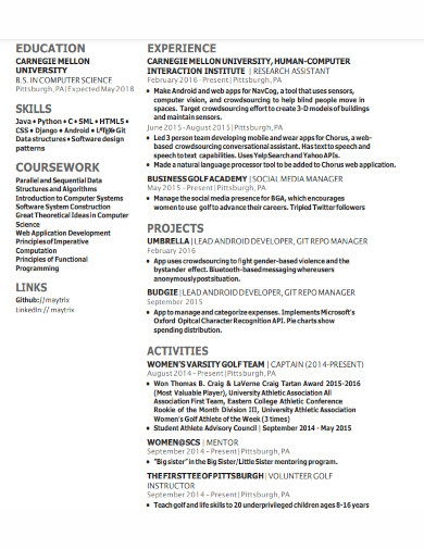 school of computer science introduction resume