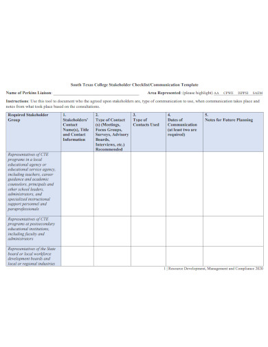 stakeholder checklist communication template