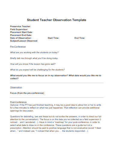 student teacher observation template 