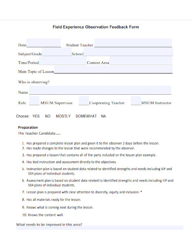 student teaching observation feedback form