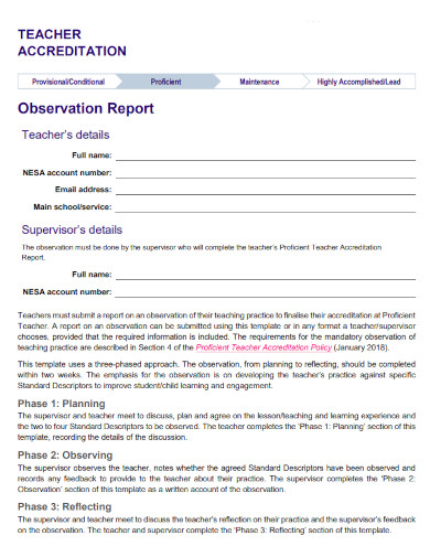 teacher accreditation observation report 