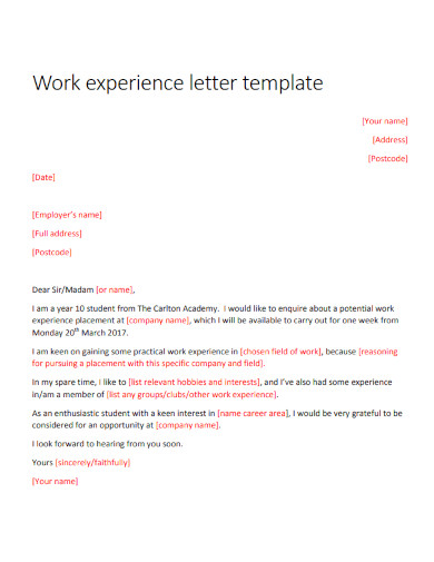 work experience letter template