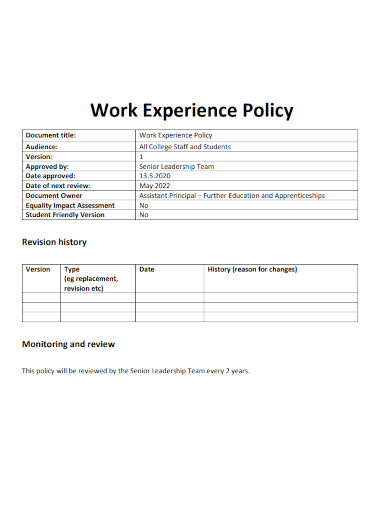 work experience policy