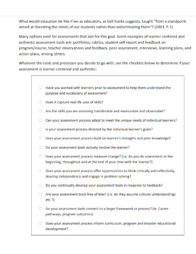 authentic assessment checklist
