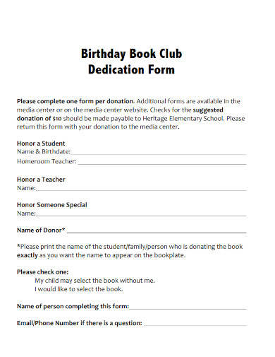 birthday book club dedication form