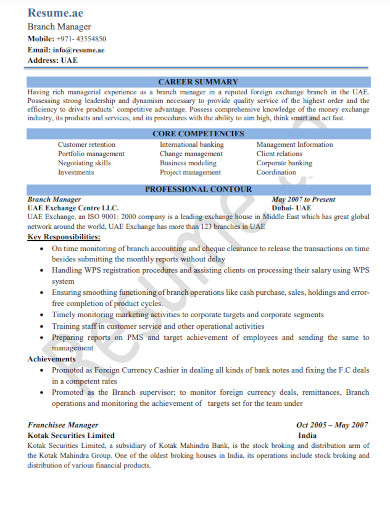 branch cashier manager resume 