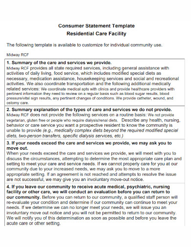 consumer residential care facility statement