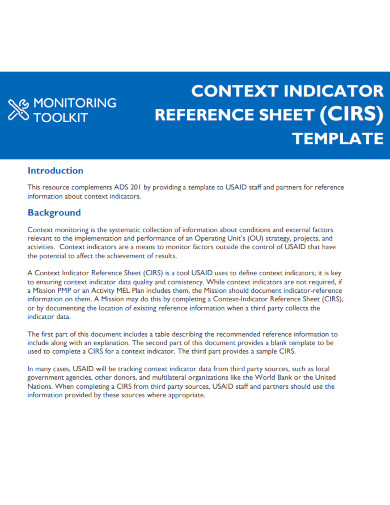 context indicator reference sheet 
