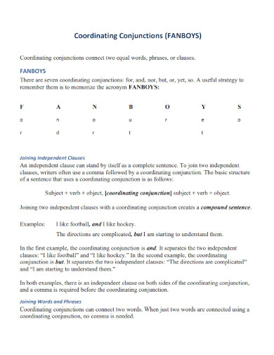 FANBOY Coordinating Conjunctions Connect Independent 