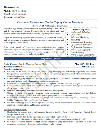 customer service senior supply chain manager resume
