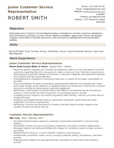 junior customer service representative resume