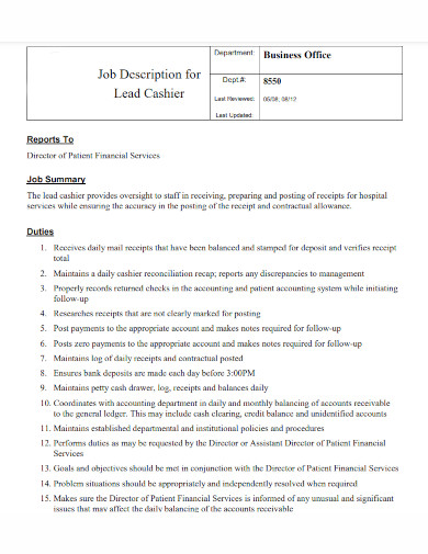 lead cashier job description resume