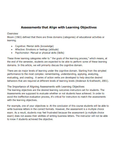 learning objectives assessments