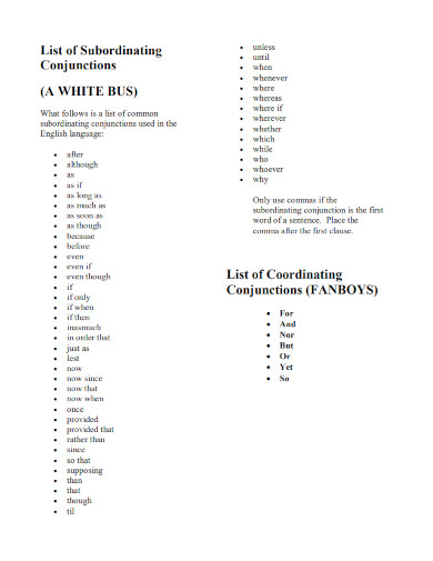 Subordinate Conjunctions List, Subordinating Fanboys Conjunctions