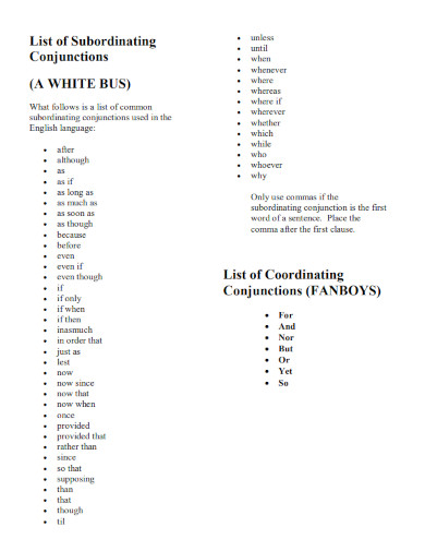 list of subordinatingcoordinating conjunction