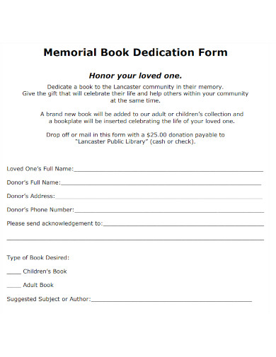 memorial book dedication form 