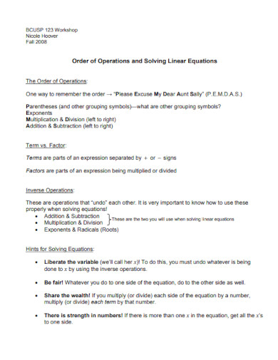 order of operations and linear equations