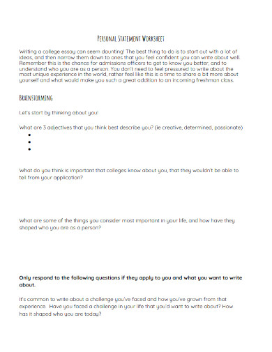 personal statement brainstorming worksheet