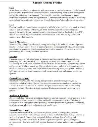 sample general resume profiles