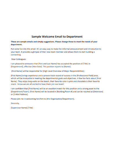 sample welcome email to department