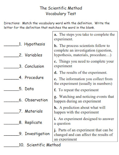 scientific method vocabulary test