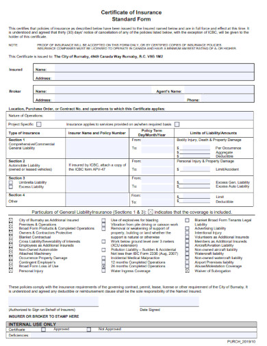 standard form certificate of insurance