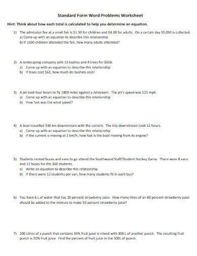 standard form word problems worksheet