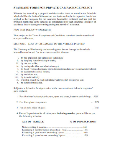 standard form for car package policy
